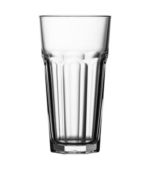 A clear glass highball glass with a textured design.