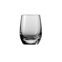 A clear glass shot glass with a simple design, featuring a round shape and a slight curve at the top.
