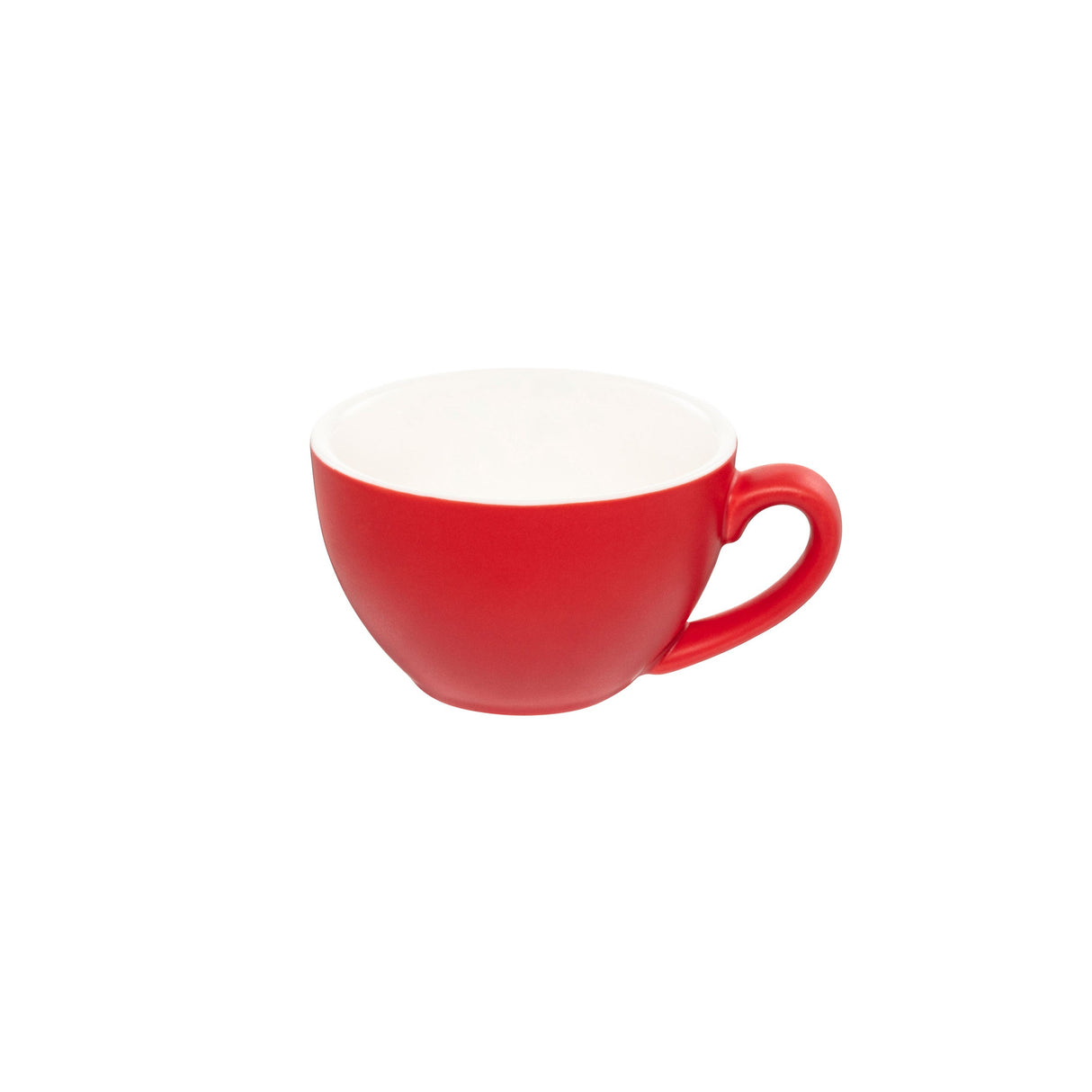 A red ceramic cappuccino cup with a white interior and handle on the side, against a white background.
