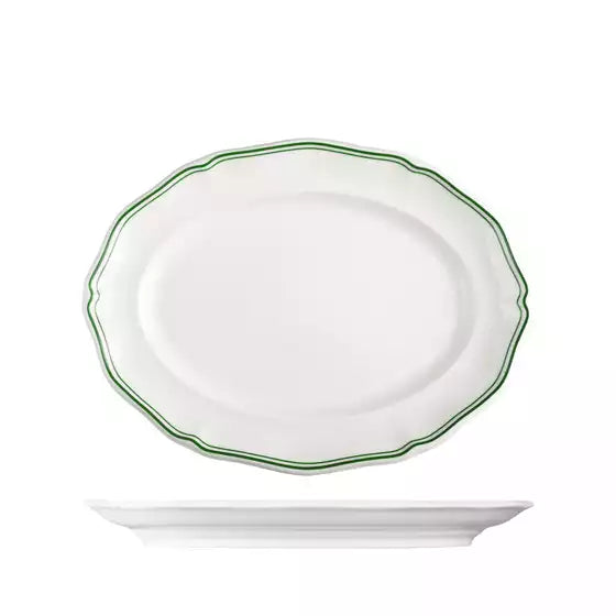 White ceramic platter with green decorative edge on a white background