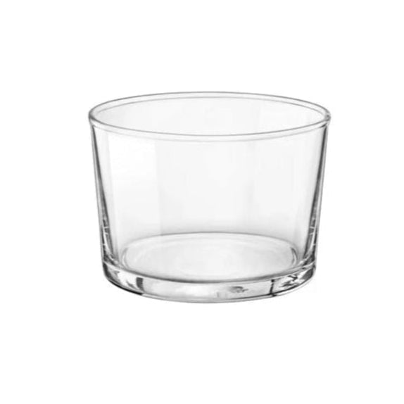 A clear tempered glass tumbler with a fine rim.