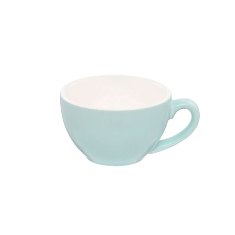 A blue cappuccino cup with a white interior and a matching blue handle, against a plain background.