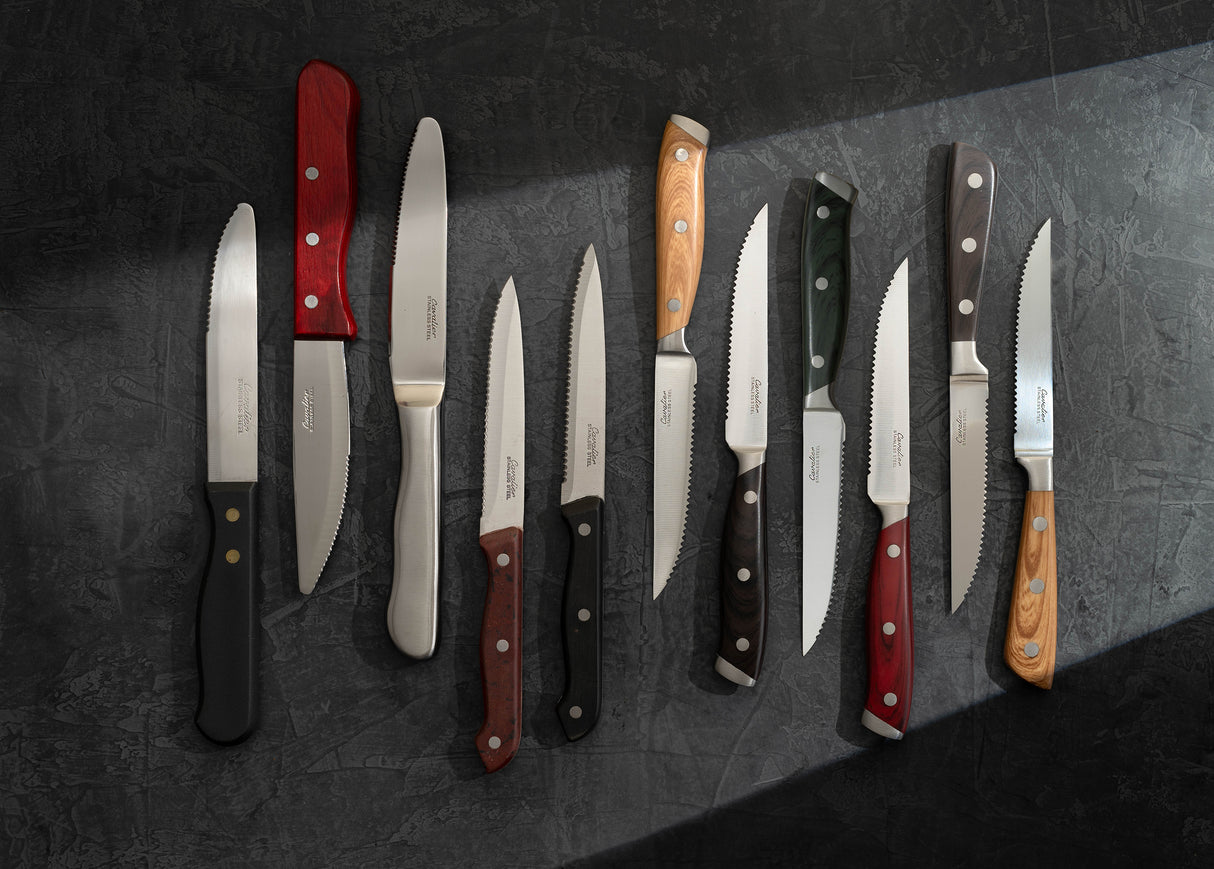 Set of knives with various handles on a dark surface
