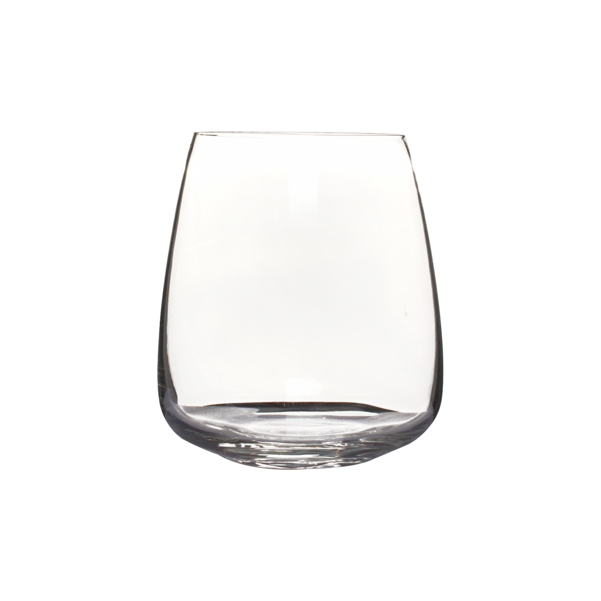 Large clear stemless wine glass on a white background