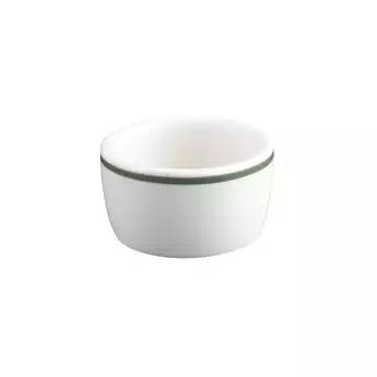 White ceramic ramekin bowl with a black rim on a white background