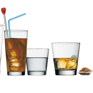 Three glasses with different beverages on a white background