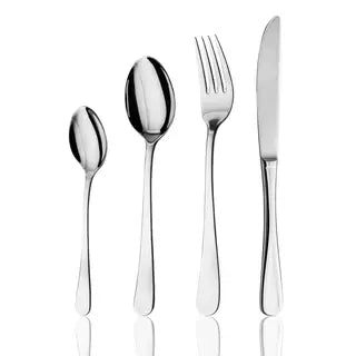 Set of silver cutlery including a knife, fork, and two spoons on a white background