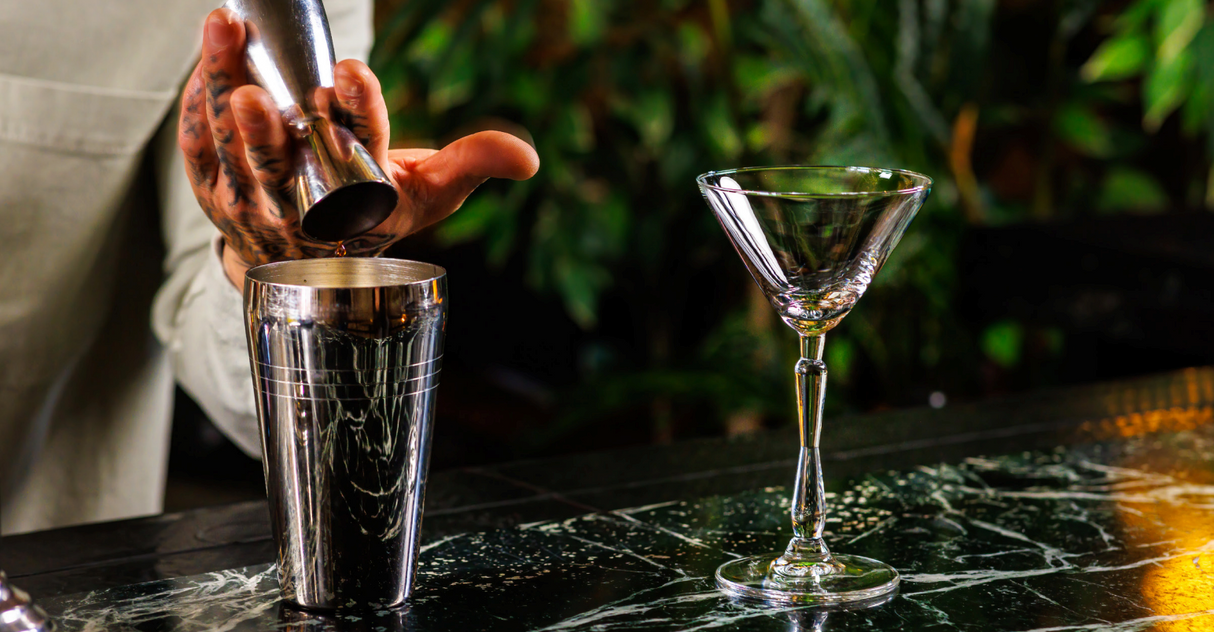 Martini Glass with shaker and jigger