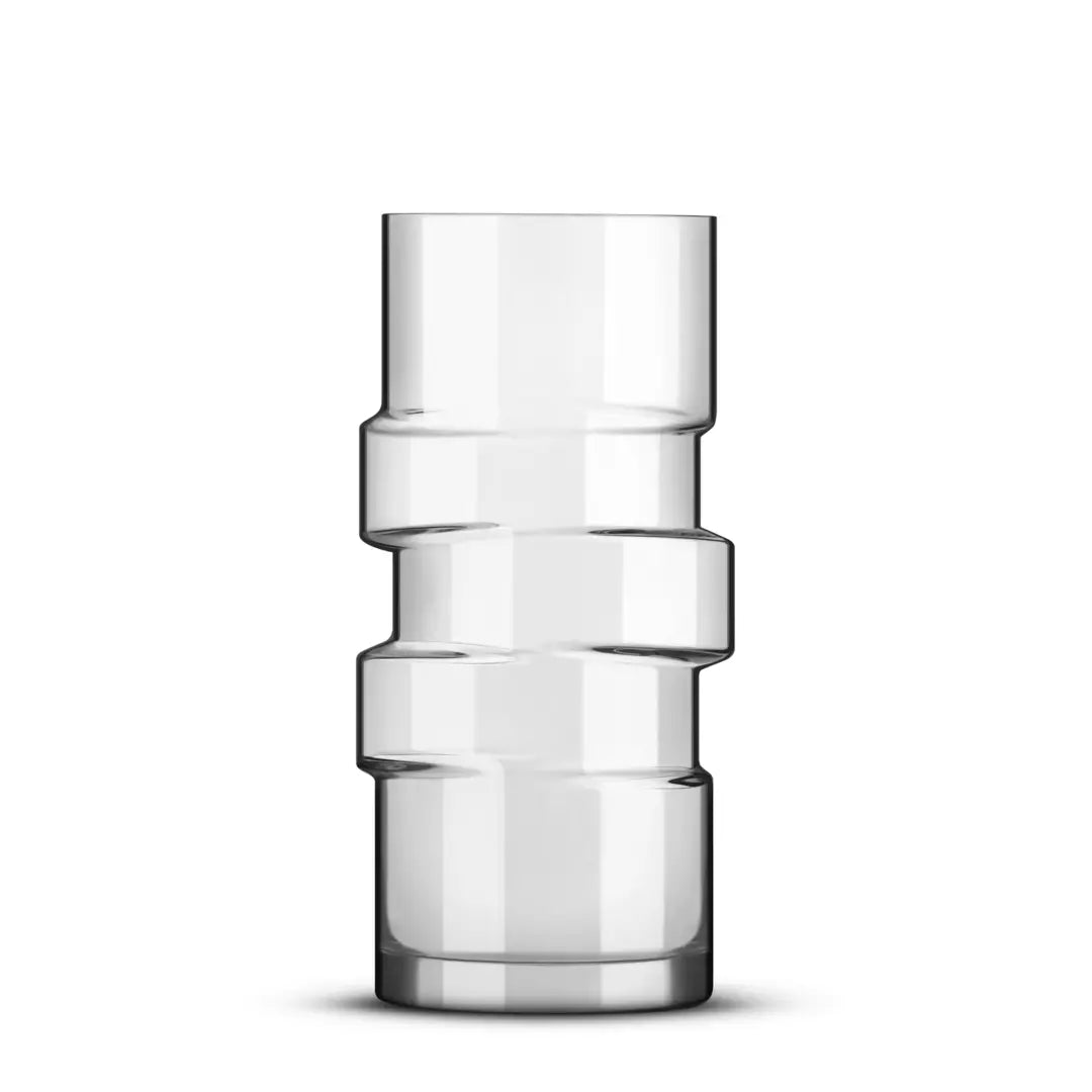 A unique, clear glass highball glass with a stepped design, 400ml capacity, made of glass.