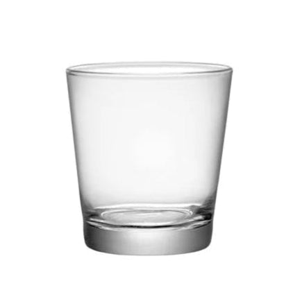 A clear glass with a slightly flared mouth, intended for serving beverages.