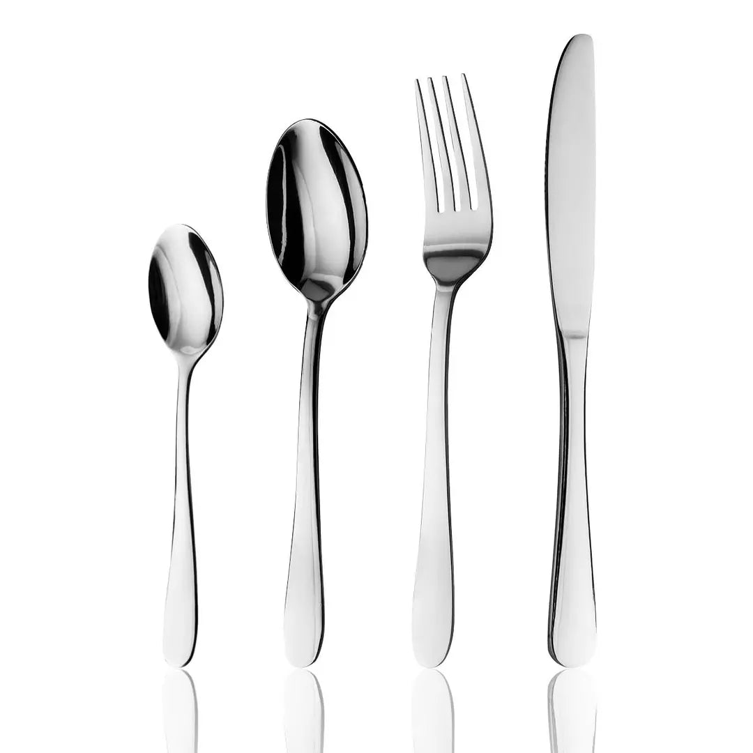 Four-piece stainless steel cutlery set with a spoon, teaspoon, fork, and knife, arranged vertically on a reflective white surface against a white background.