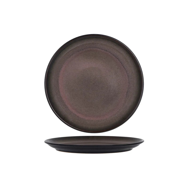 Dark coloured round plate presented on a white background