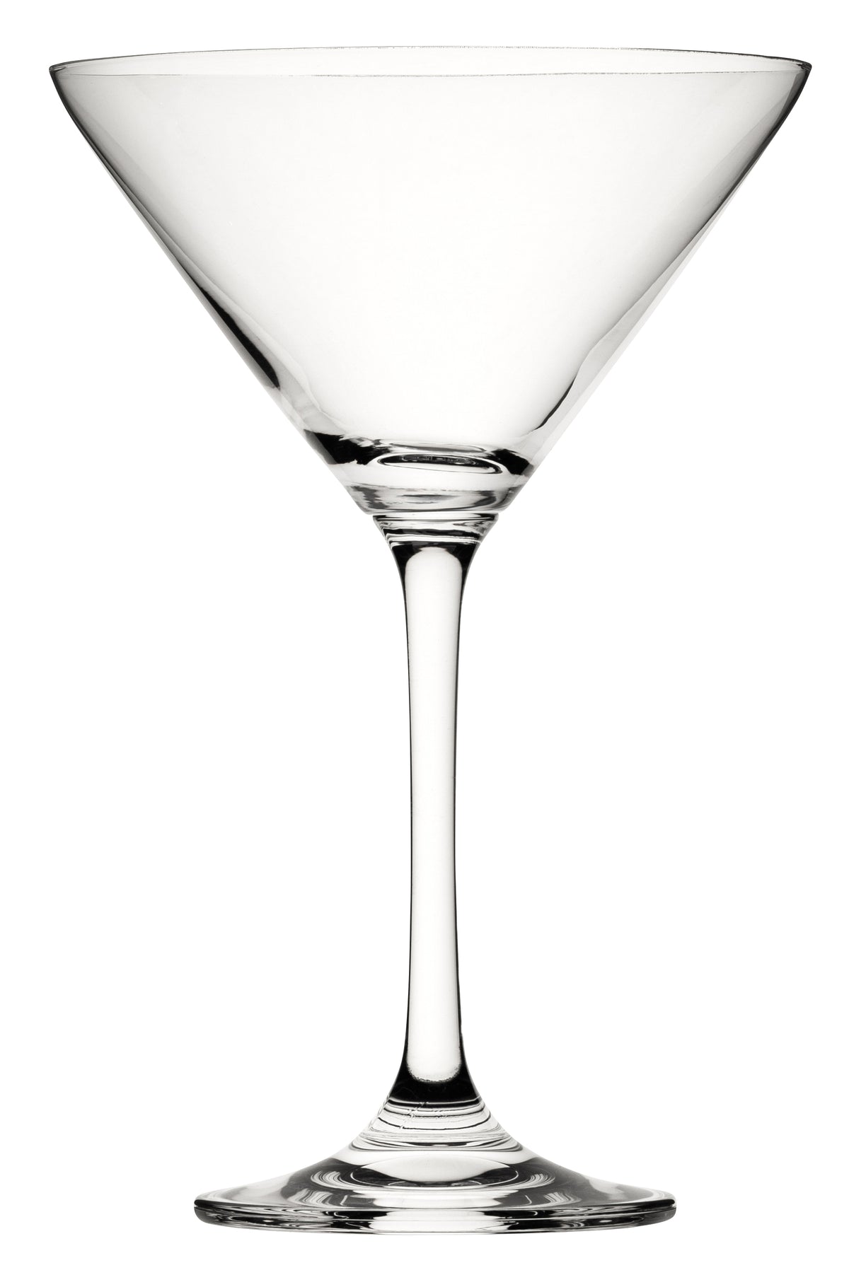 A clear glass martini stemware with a conical bowl and a long stem.