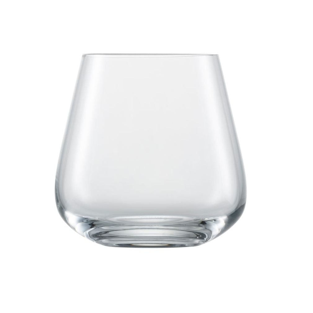 A small clear V shaped water glass on a white background