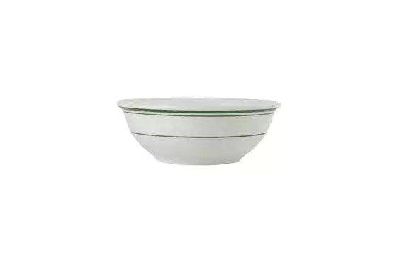A white ceramic bowl with two thin green stripes near the rim, shown against a plain white background.