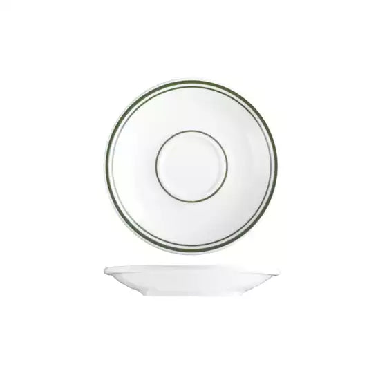 Large white saucer with green trim on white background