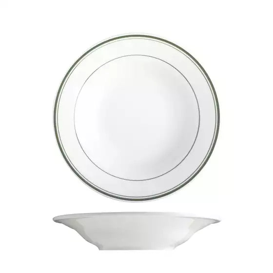 A white ceramic bowl shown from two angles: a top-down view displaying a double-lined rim with a dark green accent, and a side profile view below, set against a plain white background.