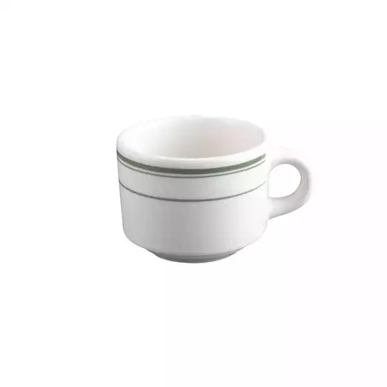 A white ceramic coffee cup with two thin green stripes near the rim and a side handle, shown on a plain white background.