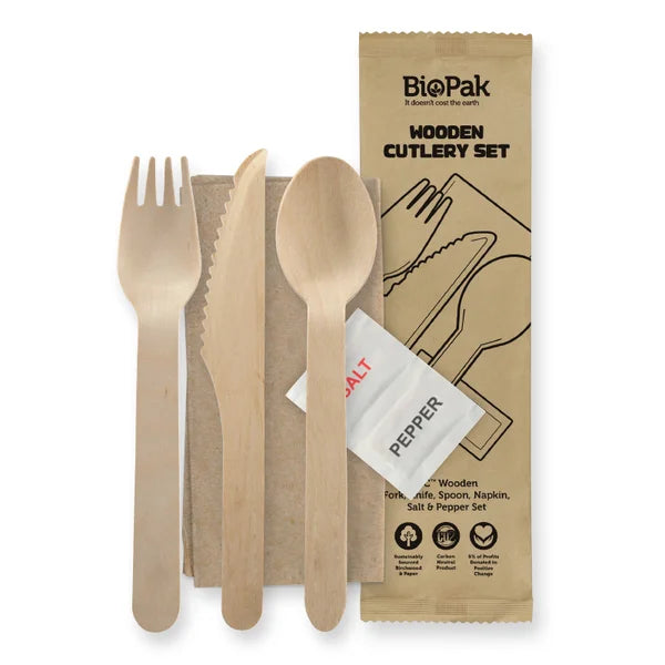 16cm Wood Knife, Fork, Spoon, Napkin, Salt & Pepper Set - Carton of 400 units