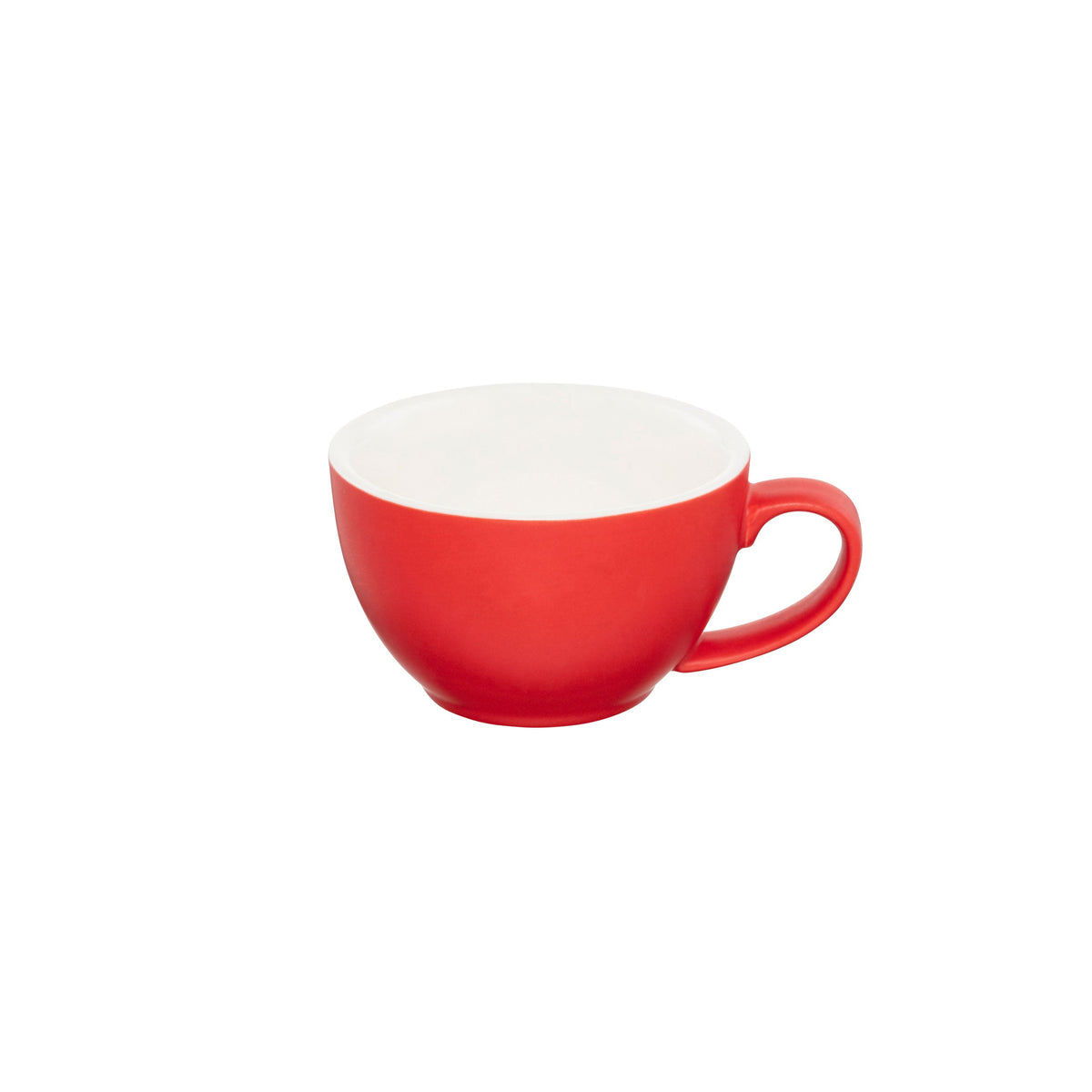 A red ceramic coffee cup with a white interior and handle on the right side, presented against a white background.