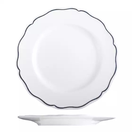 Large white wide rimmed scalloped plate with blue band diameter 272mm