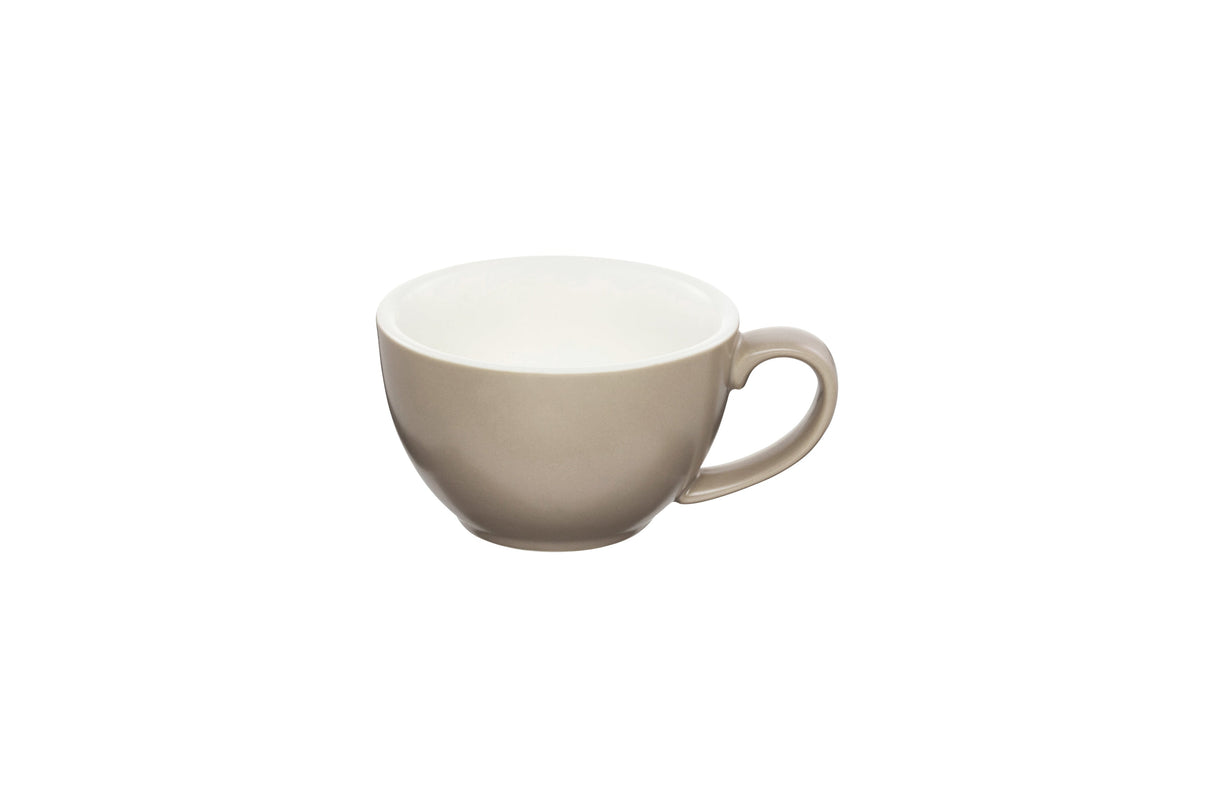 Grey coloured large coffee cup with white interior on white background