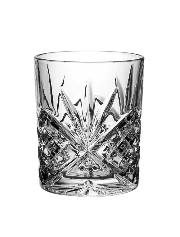 Clear glass with diamond cut pattern on a white background