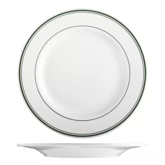 305mm round white plate ith green trom n white background