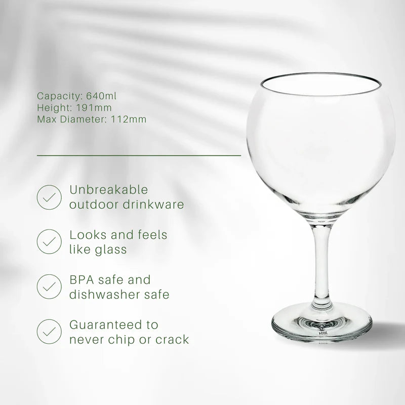 Unbreakable outdoor drinkware glass with specifications on a light gray background