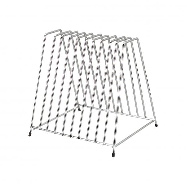 Rack For Cutting Boards (10-Slot) from Chef Inox. made out of Chrome Plated Iron and sold in boxes of 6. Hospitality quality at wholesale price with The Flying Fork!