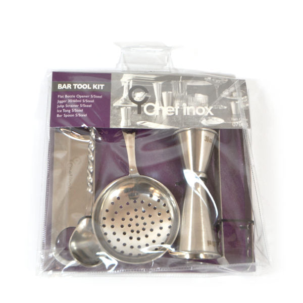 Bar Set (Tong, Jigger, Strainer, Opener, Spoon) from Chef Inox. Sold in boxes of 6. Hospitality quality at wholesale price with The Flying Fork!