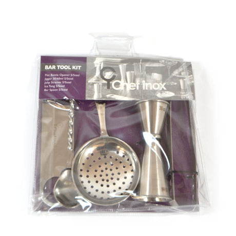 Bar Set (Tong, Jigger, Strainer, Opener, Spoon) from Chef Inox. Sold in boxes of 6. Hospitality quality at wholesale price with The Flying Fork!