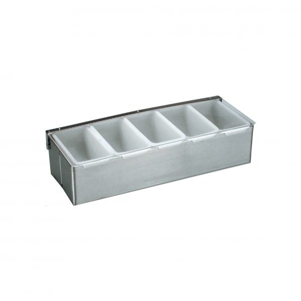 5-Compartment Condiment Dispenser from Chef Inox. made out of Stainless Steel and sold in boxes of 1. Hospitality quality at wholesale price with The Flying Fork!