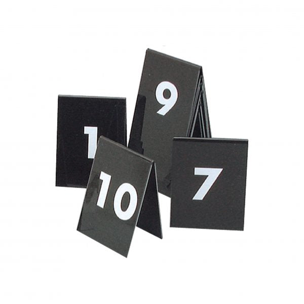 Table Numbers - 75X55mm, 1-10, (White Text On Black) from tablekraft. made out of Plastic and sold in boxes of 1. Hospitality quality at wholesale price with The Flying Fork!