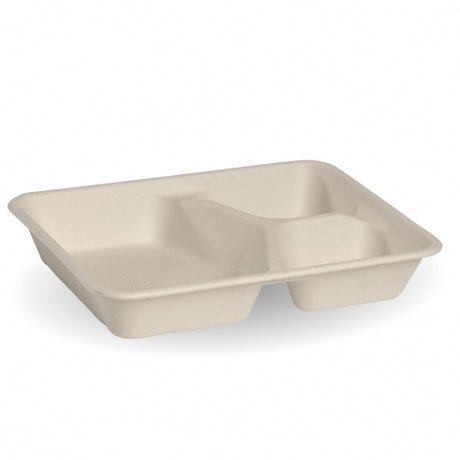 3 compartment take away container - 530-150-150ml, natural, box of 500 from BioPak. Compostable, made out of Sugarcane and sold in boxes of 1. Hospitality quality at wholesale price with The Flying Fork!