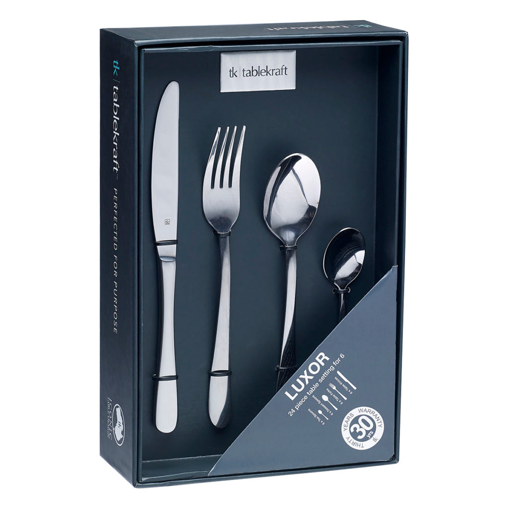 Cutlery Set - 24Pc, Luxor from Tablekraft. Packed in a gift box and sold in boxes of 1. Hospitality quality at wholesale price with The Flying Fork!