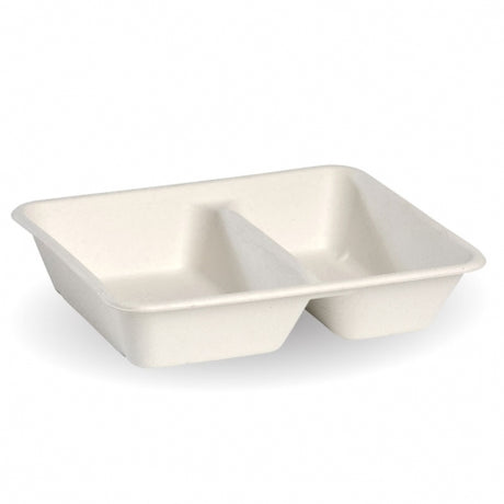 2 compartment take away container - 530-380ml, white, box of 500 from BioPak. Compostable, made out of Sugarcane and sold in boxes of 1. Hospitality quality at wholesale price with The Flying Fork!