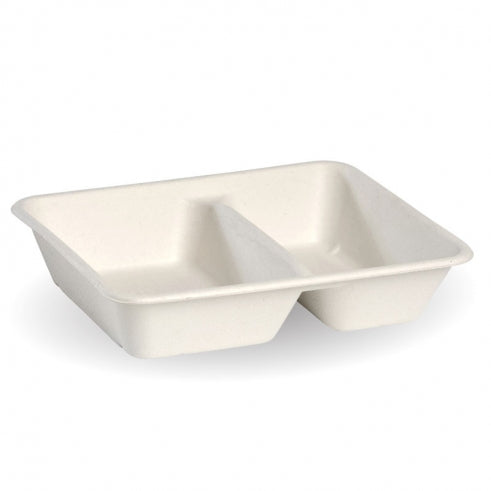 2 compartment take away container - 530-380ml, white, box of 500 from BioPak. Compostable, made out of Sugarcane and sold in boxes of 1. Hospitality quality at wholesale price with The Flying Fork!