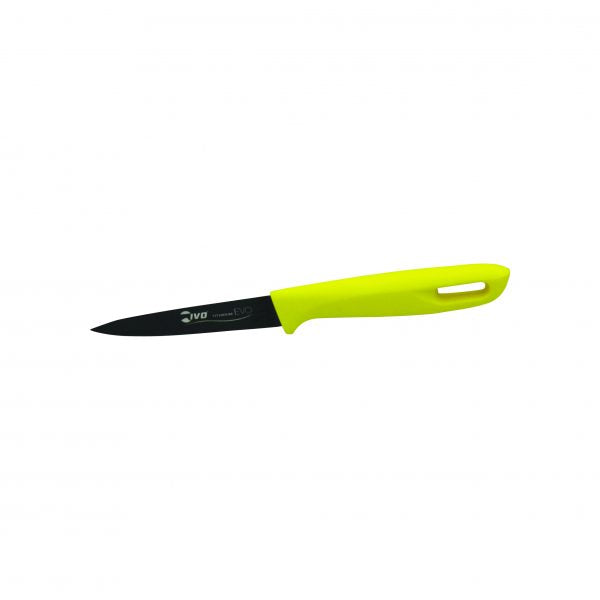 Paring Knife - 90mm, Titanium Evo Yellow Handle from Ivo. made out of Titanium and sold in boxes of 6. Hospitality quality at wholesale price with The Flying Fork!