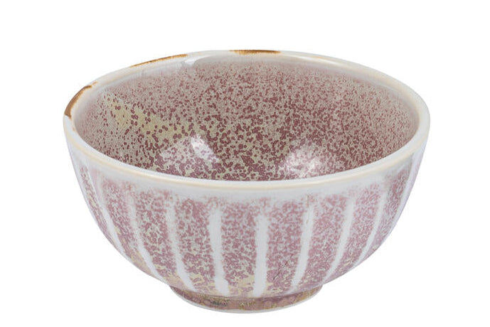 A round porcelain bowl with a pastel pink and white color, featuring a scallop design detail.