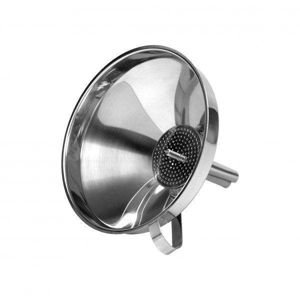 Funnel With Strainer - 105mm from Chef Inox. made out of Stainless Steel 18/10 and sold in boxes of 1. Hospitality quality at wholesale price with The Flying Fork!