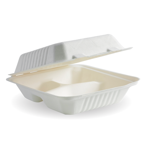 Biocane Clamshell - 3 Compartments, Square, White (Box of 200) from BioPak. Compostable, made out of Sugarcane and sold in boxes of 1. Hospitality quality at wholesale price with The Flying Fork!