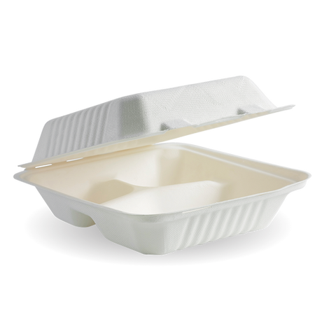 Biocane Clamshell - 3 Compartments, Square, White (Box of 200) from BioPak. Compostable, made out of Sugarcane and sold in boxes of 1. Hospitality quality at wholesale price with The Flying Fork!