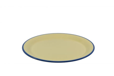 Round Plate - 200mm, Vintage Yellow with Blue Rim from Jab. Unbreakable, made out of Melamine and sold in boxes of 6. Hospitality quality at wholesale price with The Flying Fork!