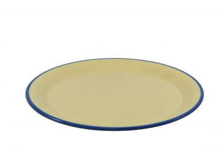 Round Plate - 250mm, Vintage Yellow with Blue Rim from Jab. Unbreakable, made out of Melamine and sold in boxes of 6. Hospitality quality at wholesale price with The Flying Fork!