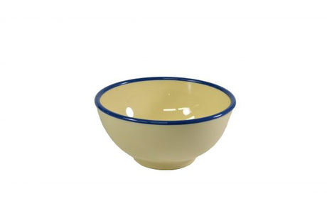 Round Bowl - 125x60mm, Vintage Yellow with Blue Rim from Jab. Unbreakable, made out of Melamine and sold in boxes of 6. Hospitality quality at wholesale price with The Flying Fork!