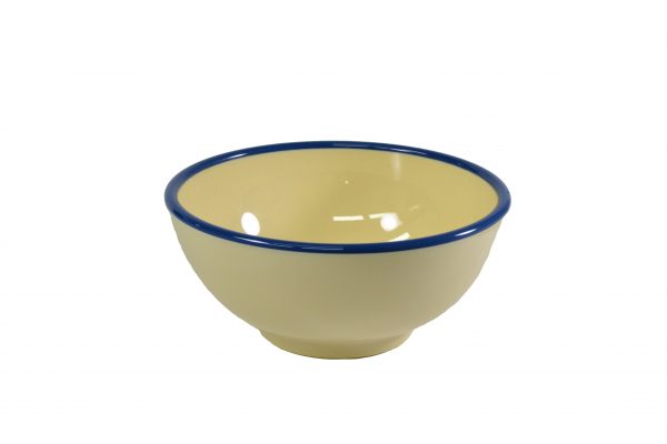 Round Bowl - 150x70mm, Vintage Yellow with Blue Rim from Jab. Unbreakable, made out of Melamine and sold in boxes of 6. Hospitality quality at wholesale price with The Flying Fork!