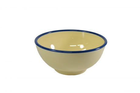Round Bowl - 150x70mm, Vintage Yellow with Blue Rim from Jab. Unbreakable, made out of Melamine and sold in boxes of 6. Hospitality quality at wholesale price with The Flying Fork!