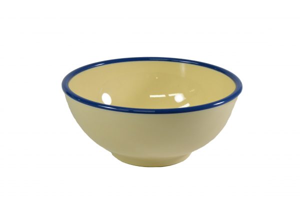 Round Bowl - 175x80mm, Vintage Yellow with Blue Rim from Jab. Unbreakable, made out of Melamine and sold in boxes of 6. Hospitality quality at wholesale price with The Flying Fork!