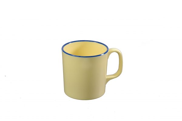 Mug - 80x85mm, Vintage Yellow with Blue Rim from Jab. made out of Melamine and sold in boxes of 6. Hospitality quality at wholesale price with The Flying Fork!